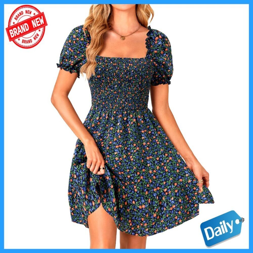 Summer Boho Floral Print Square Neck Smocked Ruffle Swing Mini Dress